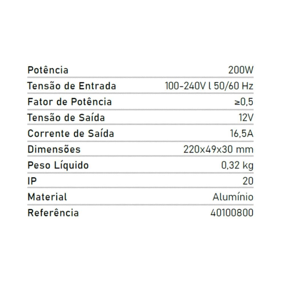 Fonte 200W 12V16.5A Bivolt p Fita de LED